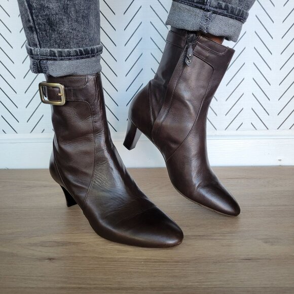 🤩Womens Leather Boots Cole Haan Size 7C Low Kitten Heel Booties Brown Gold New - Picture 2 of 9